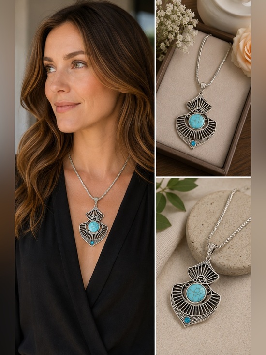 Jewelry - Elegant Silver tone and Faux Turquoise Pendant Necklace